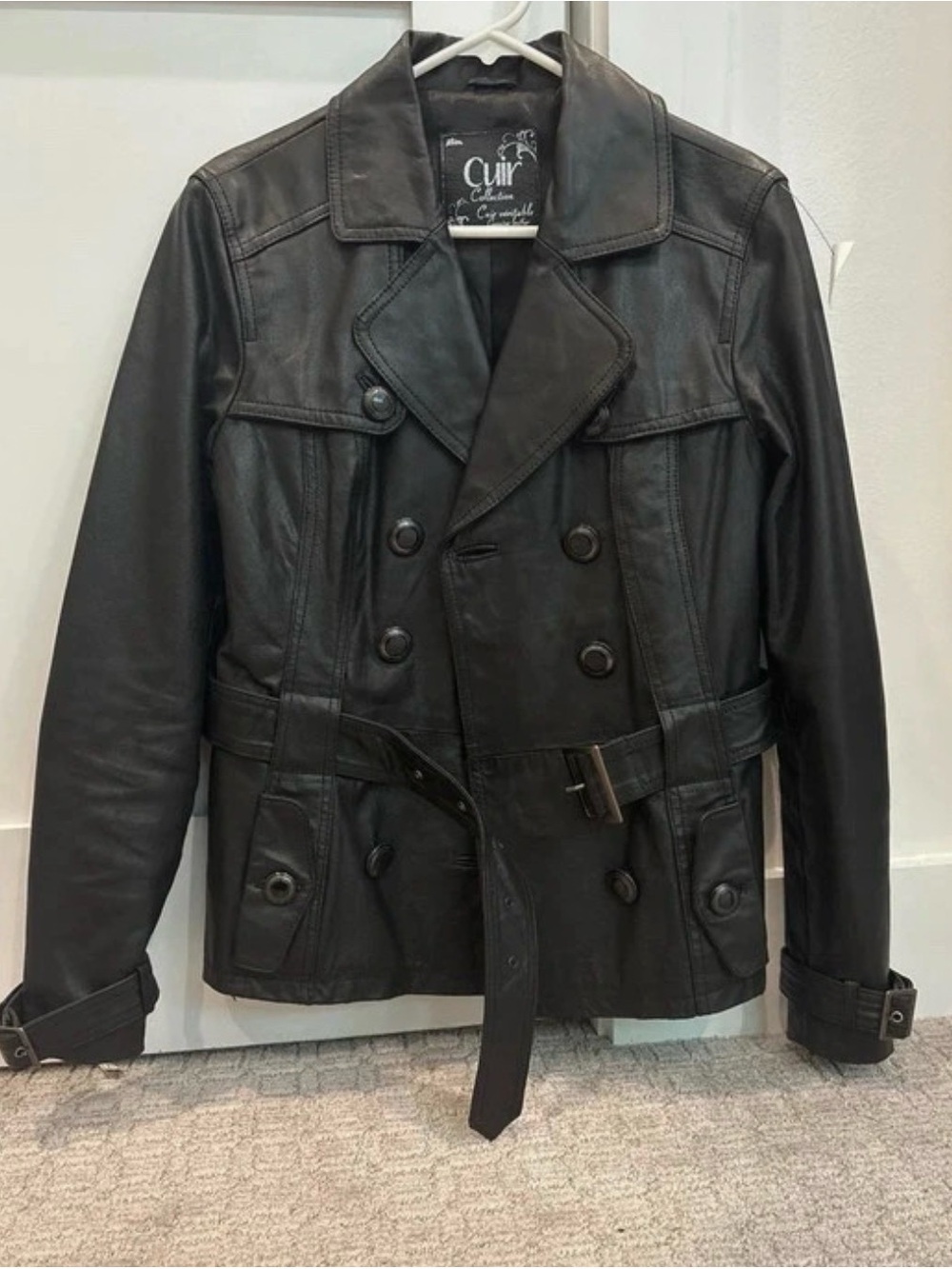 Mi Black Double-Breasted Leather Trench with Waist Belt